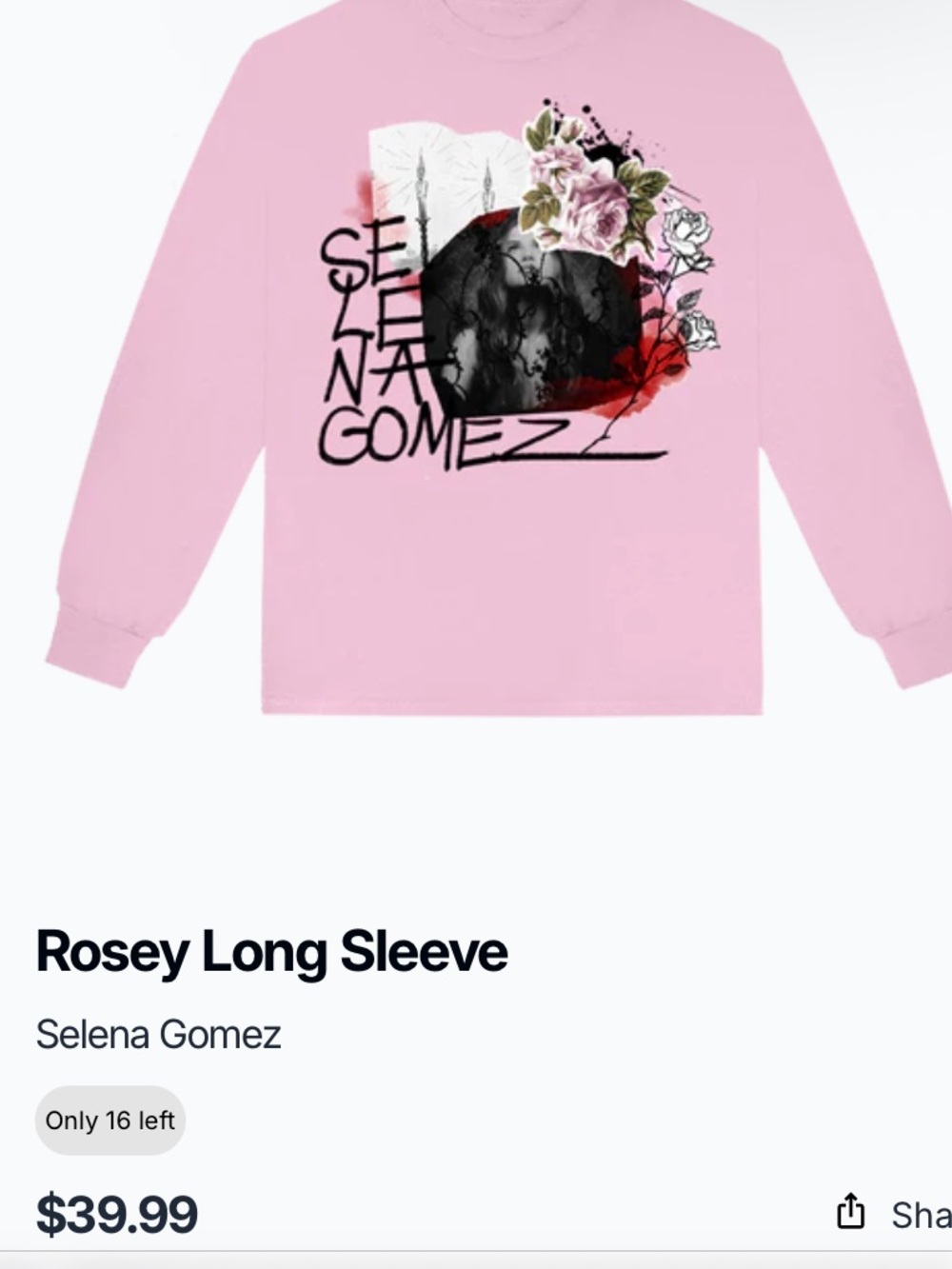 Selena Gomez Pink Rosey Graphic Long Sleeve Shirt